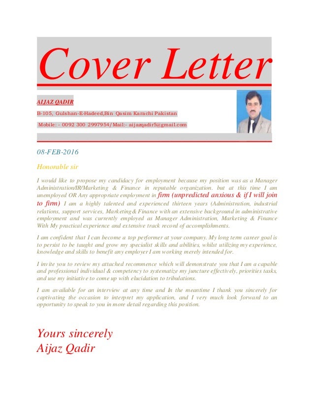 Cover Letter For Job Aijaz Qadir