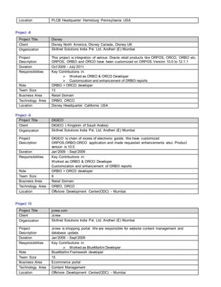 Location PLCB Headquarter Harrisburg Pennsylvania USA
Project -8
Project Title Disney
Client Disney North America, Disney Canada, Disney UK
Organization Skillnet Solutions India Pvt. Ltd. Andheri (E) Mumbai
Project
Description
This project is integration of various Oracle retail products like ORPOS, ORCO, ORBO etc.
ORPOS, ORBO and ORCO have been customized on ORPOS Version 10.0 to 12.1.1
Duration Oct’2009 - July’2011
Responsibilities Key Contributions in:
 Worked as ORBO & ORCO Developer
 Customization and enhancement of ORBO reports
Role ORBO + ORCO developer
Team Size 13
Business Area Retail Domain
Technology Area ORBO, ORCO
Location Disney Headquarter California USA
Project -9
Project Title DIGICO
Client DIGICO ( Kingdom of Saudi Arabia)
Organization Skillnet Solutions India Pvt. Ltd. Andheri (E) Mumbai
Project
Description
DIGICO is chain of stores of electronic goods. We have customized
ORPOS,ORBO,ORCO application and made requested enhancements also. Product
version is 10.0
Duration Jan’2009 - Sept’2009
Responsibilities Key Contributions in:
Worked as ORBO & ORCO Developer
Customization and enhancement of ORBO reports
Role ORBO + ORCO developer
Team Size 9
Business Area Retail Domain
Technology Area ORBO, ORCO
Location Offshore Development Center(ODC) - Mumbai
Project 10
Project Title jcrew.com
Client Jcrew
Organization Skillnet Solutions India Pvt. Ltd. Andheri (E) Mumbai
Project
Description
Jcrew is shopping portal. We are responsible for website content management and
database update.
Duration Jan’2009 - Sept’2009
Responsibilities Key Contributions in:
 Worked as BlueMartini Developer
Role BlueMartini Framework developer
Team Size 15
Business Area Ecommerce portal
Technology Area Content Management
Location Offshore Development Center(ODC) - Mumbai
 