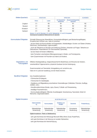 Lebenslauf Gašper Markelj
Weitere Sprache(n) VERSTEHEN SPRECHEN SCHREIBEN
Hören Lesen
An Gesprächen
teilnehmen
Zusammenhängendes
Sprechen
Englisch C1 B2 B1 B1 B2
Deutsch C1 B2 B2 B2 B2
Kroatisch C1 B2 B2 B2 B1
Serbisch C1 B2 B2 B2 B1
Niveaus: A1 und A2: Elementar - B1 und B2: Selbstständig - C1 und C2: Kompetent
Gemeinsamer Europäischer Referenzrahmen für Sprachen
Kommunikative Fähigkeiten Schnelle Erfassung des Wesentlichen, Konzentrationsfähigkeit, gute Beobachtungsfähigkeit,
Empathie beim Zuhören usw., habe ich erworben:
- bei der Arbeit und Kommunikation mit Vorgesetzten, Arbeitskollegen, Kunden und Gästen (Hostess,
Wachmann, Sachbearbeiter, Lagerverwalter),
- durch die Teilnahme an Übungen and Vorlesung (Zuhören, Antworten auf Fragen, Teilnahme an
Diskussionen, Präsentationen von Seminararbeit, Sprechakt),
- bei der Arbeit mit Kindern (Hilfslehrer),
- beim Fernsehen verschiedener Bildungssendungen in Mutter- und Fremdsprache,
- beim Zusammensein mit Freunden aus Inland und Ausland.
Organisations- und
Führungstalent
Effektive Arbeitsgestaltung, Aufgeschlossenheit für Bedürfnisse und Wünsche der Anderen,
verantwortliche Folgenannahme, physische Ausdauer bei der Anstrengung,
Zusammenarbeit und Teamarbeit, Antragstellung und -annahme usw.,
habe ich im Laufe der Ausbildung und der Arbeit erworben.
Berufliche Fähigkeiten bzw. Zusatzkompetenzen:
- Führerschein B Kategorie,
- Führerschein für Gabelstapler,
- Gestaltung und Mitgestaltung verschiedener Veranstaltungen (Volksfeste, Picknicks, Ausflüge,
Jubiläen, usw.),
- Kampfkunstkenntnisse (Karate, Jujicu, Boxen), Fußball- und Fitnesstraining,
- freiwilliger Feuerwehrmann,
- Kommunikationsfähigkeit, Offenheit, Zuverlässigkeit, Verantwortung, Teamarbeit, Arbeit mit
Manschen, Organisationstalent.
Digitale Kompetenz SELBSTBEURTEILUNG
Datenverarbeitu
ng
Kommunikation
Erstellung von
Inhalten
Sicherheit Problemlösung
Selbstständige
Verwendung
Selbstständige
Verwendung
Selbstständige
Verwendung
Kompetente
Verwendung
Selbstständige
Verwendung
Digitale Kompetenzen - Raster zur Selbstbewertung
- sehr gute Kenntnisse der Werkzeuge Microsoft Office (Word, Excel, PowerPoint),
- sehr gute Kenntnisse in der Nutzung von sozialen Netzwerken,
- sehr gute Kenntnisse der Internet-Nutzung.
22/10/15 © Europäische Union, 2002-2015 | http://europass.cedefop.europa.eu Seite 3 / 9
 