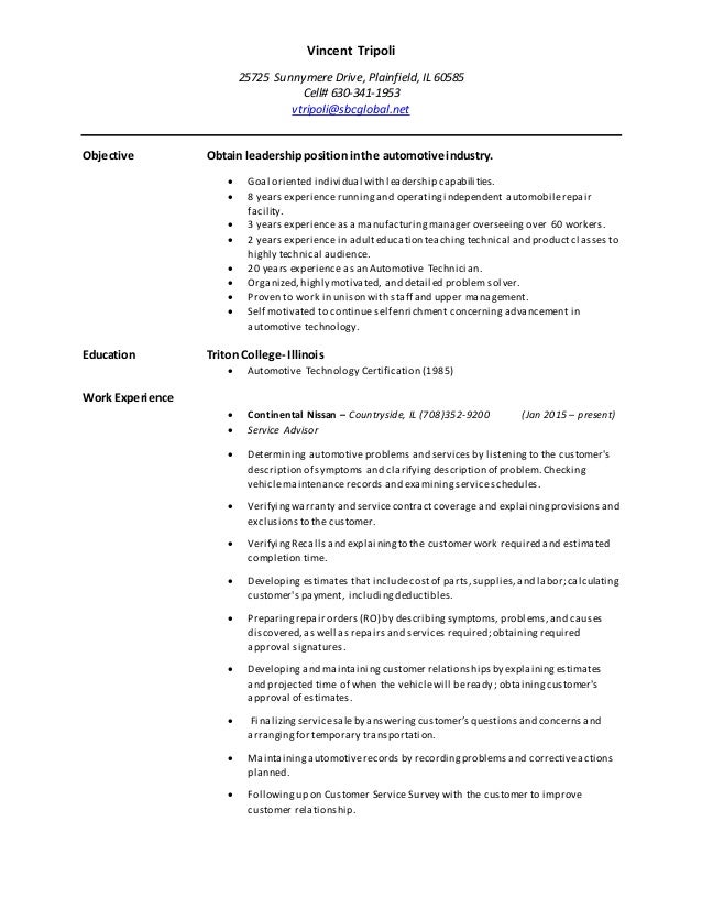 vincent tripoli 2015 resume service advisor service advisor resumes