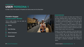 DP Demand Photography Andrew Aquino andrew@totemv.com
USER PERSONA 1
33, Male, Lives in the suburbs of Pasadena two blocks away from the Rose Bowl.
5
Franklin Kopper
Construction Worker
“Life is really simple, but we insist on
making it complicated.”
BACKGROUND
Franklin is the type of person who takes cares of things on his
own terms. Whenever there is a leak in the house, or in any of
their neighbor’s houses actually, Franklin is the first one to step
in and help. He lives with his girlfriend who is the same age as
him. He expects a lot from himself, he is almost like a
perfectionist, so whenever he takes his girlfriend out, he always
tries to make sure his girlfriend is having a good time. He makes
modest amounts of money so he relies on services such as Uber
to cover things he doesn’t want to worry about.
Scenario: He has booked a reservation at the local steak house
on a Saturday night, he has told his girlfriend Stacy that it’s going
to be a romantic night so they should both dress for the
occasion. He wants to take photos of their night because he is
secretly going to marry her but knows how long it takes to find
and manage a professional photographer. He is looking for
options.
Caring
Hard Working
Perfectionist
Smart Consumer
 