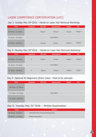 Day 3- Sunday May 29 2016 - Hands on Laser Hair Removal Workshop
LASER COMPETENCE CERTIFICATION (LCC)
Day 5- Optional for Beginners (Extra Cases - Date to be advised)
Day 6- Tuesday May 31 2016 - Written Examination
5
Activity
Time Sessions Nd:YAG Alexandrite Diode IPL
2
LUNCH BREAK
09 : 00 am – 01 : 00 pm
02 : 00 pm – 06: 00 pm Group 2
Group 2 Group 3 Group 4
Group 1 Group 4 Group 3
Group 11
Day 4- Monday May 30 2016 - Hands on Laser Hair Removal Workshop
Activity
09 : 00 am – 10: 00 am
10 : 00 am – 12 : 00 pm
Clinical Overview of Laser Training Course
Written Examination
st
th
th
01 : 00 pm – 02 : 00 pm
Activity
Time Sessions Nd:YAG Alexandrite Diode IPL
4
LUNCH BREAK
09 : 00 am – 01 : 00 pm
02 : 00 pm – 06: 00 pm Group 4
Group 4 Group 1 Group 2
Group 3 Group 2 Group 1
Group 33
01 : 00 pm – 02 : 00 pm
Activity
Time Sessions Nd:YAG Alexandrite Diode IPL
LUNCH BREAK
09 : 00 am – 01 : 00 pm
02 : 00 pm – 06: 00 pm
01 : 00 pm – 02 : 00 pm
Time
6
 