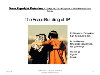 Smart Copyright Protection: A Catalyst for Cultural Cognition of theTransnational Civil
Society
05/26/16
Eighth WIPO Advanced Intellectual
Property Research Forum
13
In thisseason of migration,
I am theexcuseto stay. 
At my doorway,
for asinglefarewell kiss,
rest your wings. 
Wewill go
together
to nest. 
ThePeaceBuilding of IP
 