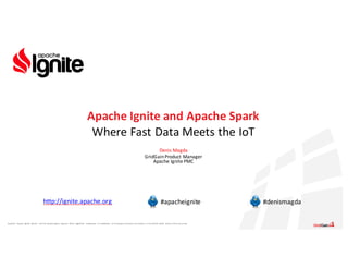 Apache®,	 Apache	 Ignite,	 Ignite®,	 and	the	 Apache	 Ignite	 logo	are	 either	 registered	 trademarks	 or	trademarks	 of	the	Apache	 Software	 Foundation	 in	the	United	 States	 and/or	other	countries.
Denis	Magda
GridGainProduct	Manager
Apache	Ignite	PMC
Apache	Ignite and	Apache	Spark
Where	Fast	Data	Meets	the	IoT
http://ignite.apache.org #apacheignite #denismagda
 