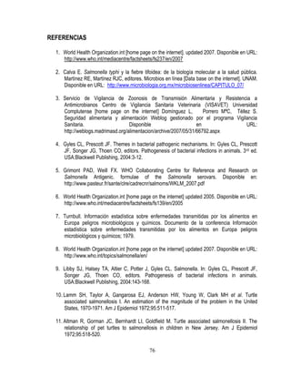 REFERENCIAS
1. World Health Organization.int [home page on the internet]. updated 2007. Disponible en URL:
http://www.who.int/mediacentre/factsheets/fs237/en/2007
2. Calva E. Salmonella typhi y la fiebre tifoidea: de la biología molecular a la salud pública.
Martínez RE, Martínez RJC, editores. Microbios en línea [Data base on the internet]. UNAM.
Disponible en URL: http://www.microbiologia.org.mx/microbiosenlinea/CAPITULO_07/
3. Servicio de Vigilancia de Zoonosis de Transmisión Alimentaria y Resistencia a
Antimicrobianos Centro de Vigilancia Sanitaria Veterinaria (VISAVET) Universidad
Complutense [home page on the internet] Domínguez L,
Porrero MªC, Téllez S.
Seguridad alimentaria y alimentación Weblog gestionado por el programa Vigilancia
Sanitaria.
Disponible
en
URL:
http://weblogs.madrimasd.org/alimentacion/archive/2007/05/31/66792.aspx
4. Gyles CL, Prescott JF. Themes in bacterial pathogenic mechanisms. In: Gyles CL, Prescott
JF, Songer JG, Thoen CO, editors. Pathogenesis of bacterial infections in animals. 3 rd ed.
USA:Blackwell Publishing, 2004:3-12.
5. Grimont PAD, Weill FX. WHO Collaborating Centre for Reference and Research on
Salmonella Antigenic. formulae of the Salmonella serovars. Disponible en:
http://www.pasteur.fr/sante/clre/cadrecnr/salmoms/WKLM_2007.pdf
6. World Health Organization.int [home page on the internet] updated 2005. Disponible en URL:
http://www.who.int/mediacentre/factsheets/fs139/en/2005
7. Turnbull. Información estadística sobre enfermedades transmitidas por los alimentos en
Europa peligros microbiológicos y químicos. Documento de la conferencia Información
estadística sobre enfermedades transmitidas por los alimentos en Europa peligros
microbiológicos y químicos; 1979.
8. World Health Organization.int [home page on the internet] updated 2007. Disponible en URL:
http://www.who.int/topics/salmonella/en/
9. Libby SJ, Halsey TA, Altier C, Potter J, Gyles CL. Salmonella. In: Gyles CL, Prescott JF,
Songer JG, Thoen CO, editors. Pathogenesis of bacterial infections in animals.
USA:Blackwell Publishing, 2004:143-168.
10. Lamm SH, Taylor A, Gangarosa EJ, Anderson HW, Young W, Clark MH et al. Turtle
associated salmonellosis I. An estimation of the magnitude of the problem in the United
States, 1970-1971. Am J Epidemiol 1972;95:511-517.
11. Altman R, Gorman JC, Bernhardt LI, Goldfield M. Turtle associated salmonellosis II. The
relationship of pet turtles to salmonellosis in children in New Jersey. Am J Epidemiol
1972;95:518-520.
76

 
