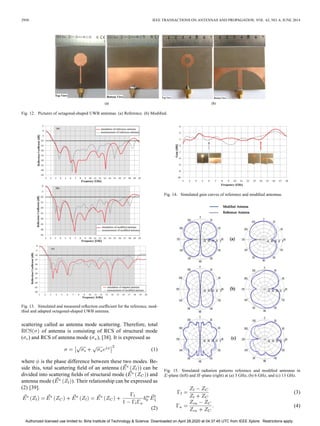 2950 IEEE TRANSACTIONS ON ANTENNAS AND PROPAGATION, VOL. 62, NO. 6, JUNE 2014
Fig. 12. Pictures of octagonal-shaped UWB antennas. (a) Reference. (b) Modified.
Fig. 13. Simulated and measured reflection coefficient for the reference, mod-
ified and adapted octagonal-shaped UWB antenna.
scattering called as antenna mode scattering. Therefore, total
of antenna is consisting of RCS of structural mode
( ) and RCS of antenna mode ( ), [38]. It is expressed as
(1)
where is the phase difference between these two modes. Be-
side this, total scattering field of an antenna ( ) can be
divided into scattering fields of structural mode ( ) and
antenna mode ( ). Their relationship can be expressed as
(2) [39].
(2)
Fig. 14. Simulated gain curves of reference and modified antennas.
Fig. 15. Simulated radiation patterns reference and modified antennas in
-plane (left) and -plane (right) at (a) 3 GHz, (b) 6 GHz, and (c) 13 GHz.
(3)
(4)
Authorized licensed use limited to: Birla Institute of Technology & Science. Downloaded on April 28,2020 at 04:37:45 UTC from IEEE Xplore. Restrictions apply.
 