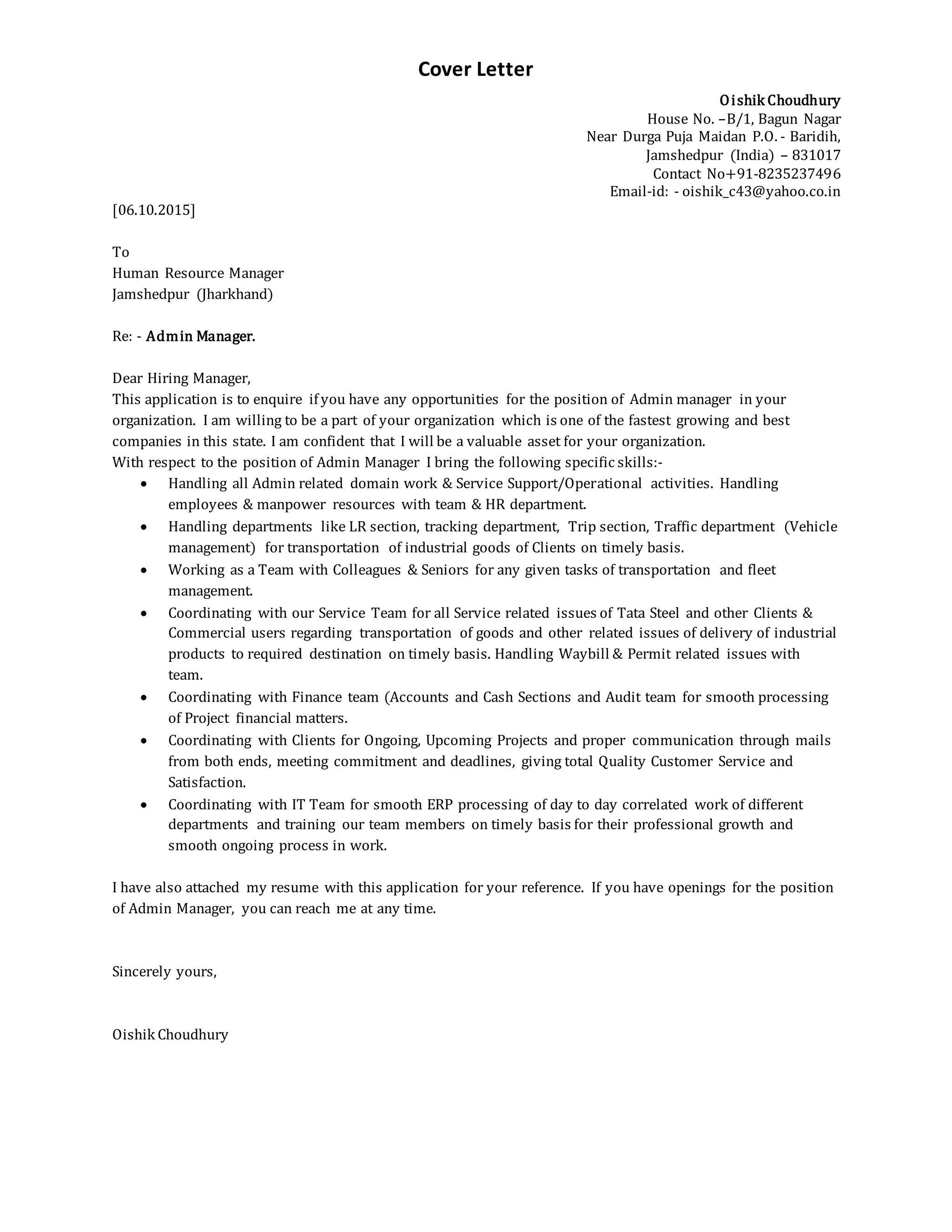 Cover Letter of Admin Manager | DOCX