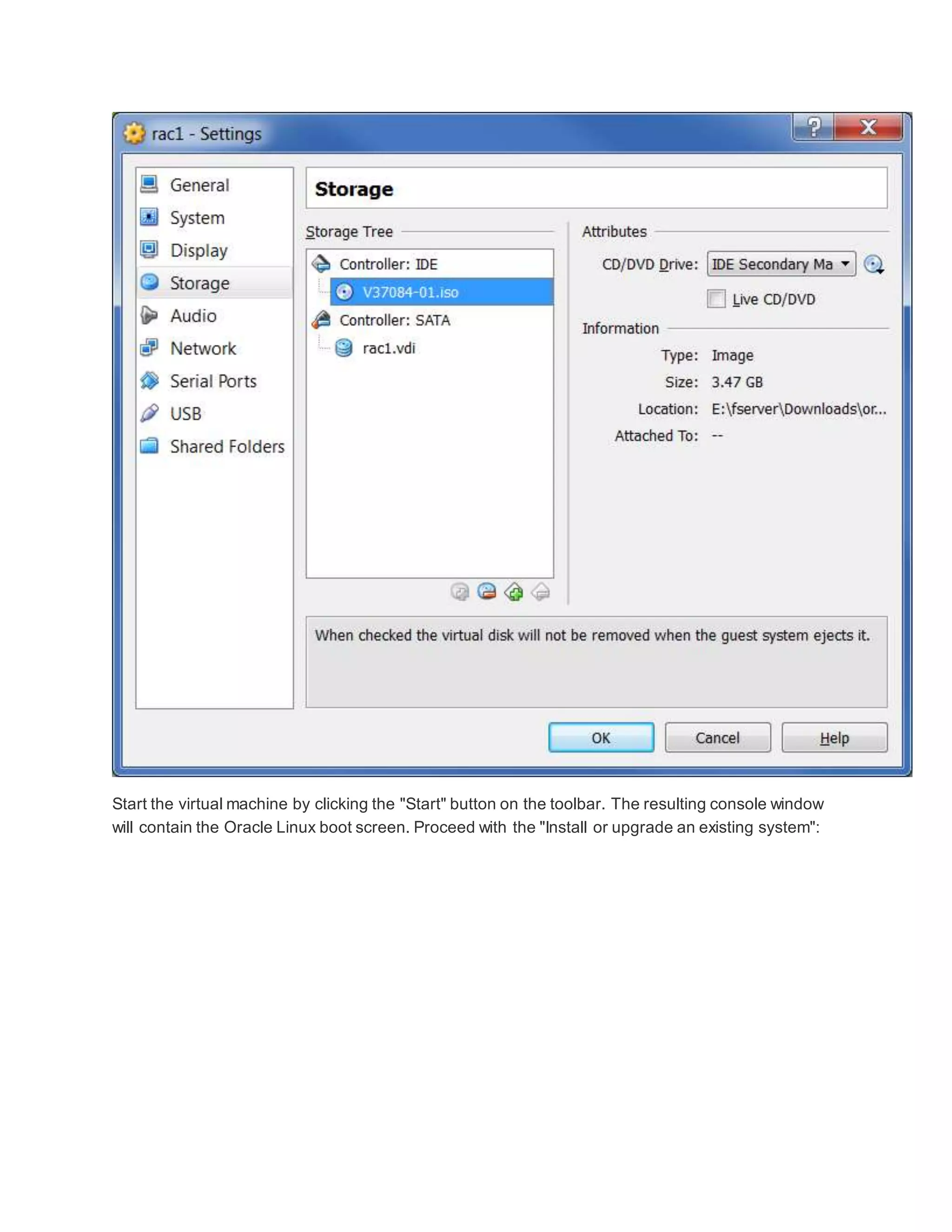 Start the virtual machine by clicking the "Start" button on the toolbar. The resulting console window
will contain the Oracle Linux boot screen. Proceed with the "Install or upgrade an existing system":
 