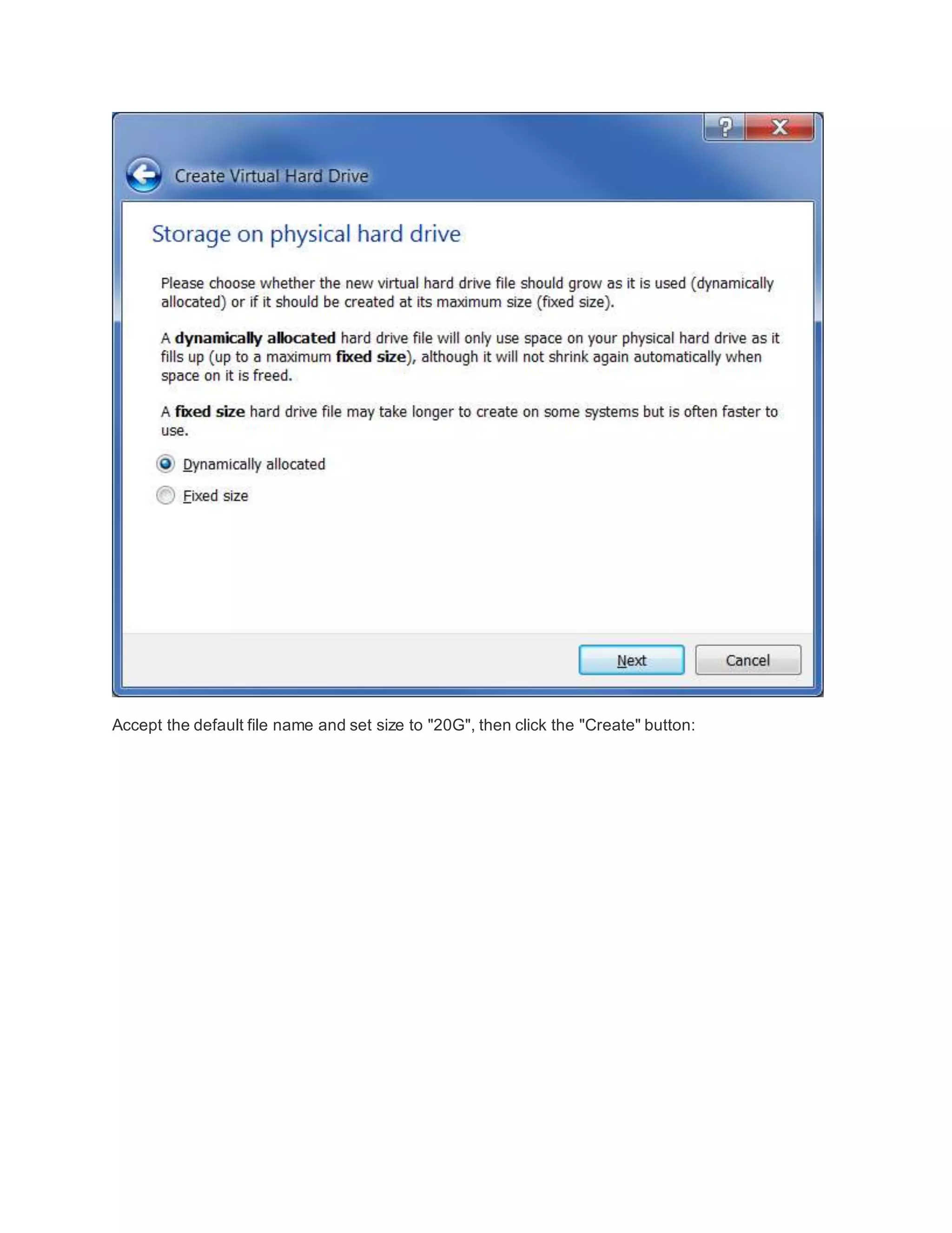 Accept the default file name and set size to "20G", then click the "Create" button:
 