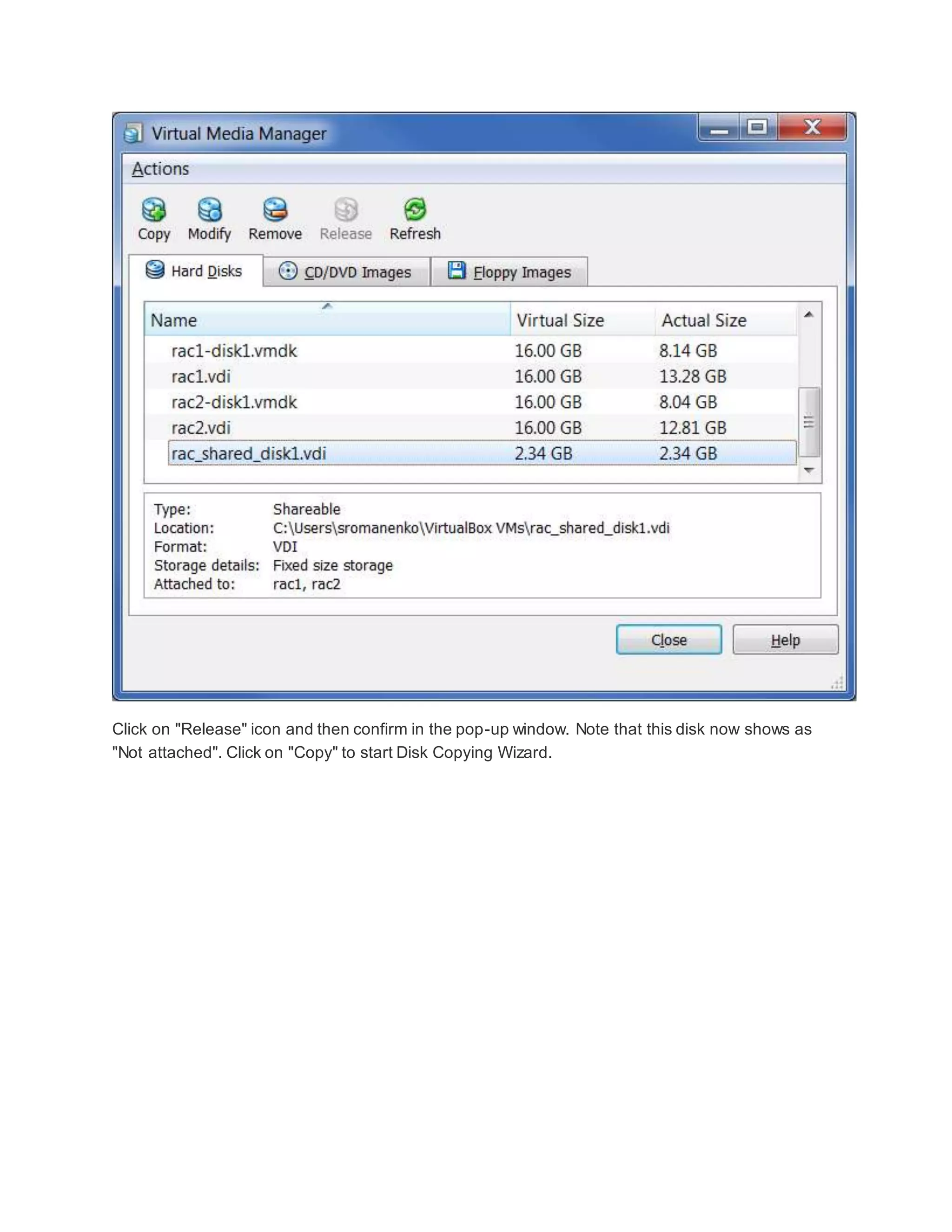 Click on "Release" icon and then confirm in the pop-up window. Note that this disk now shows as
"Not attached". Click on "Copy" to start Disk Copying Wizard.
 