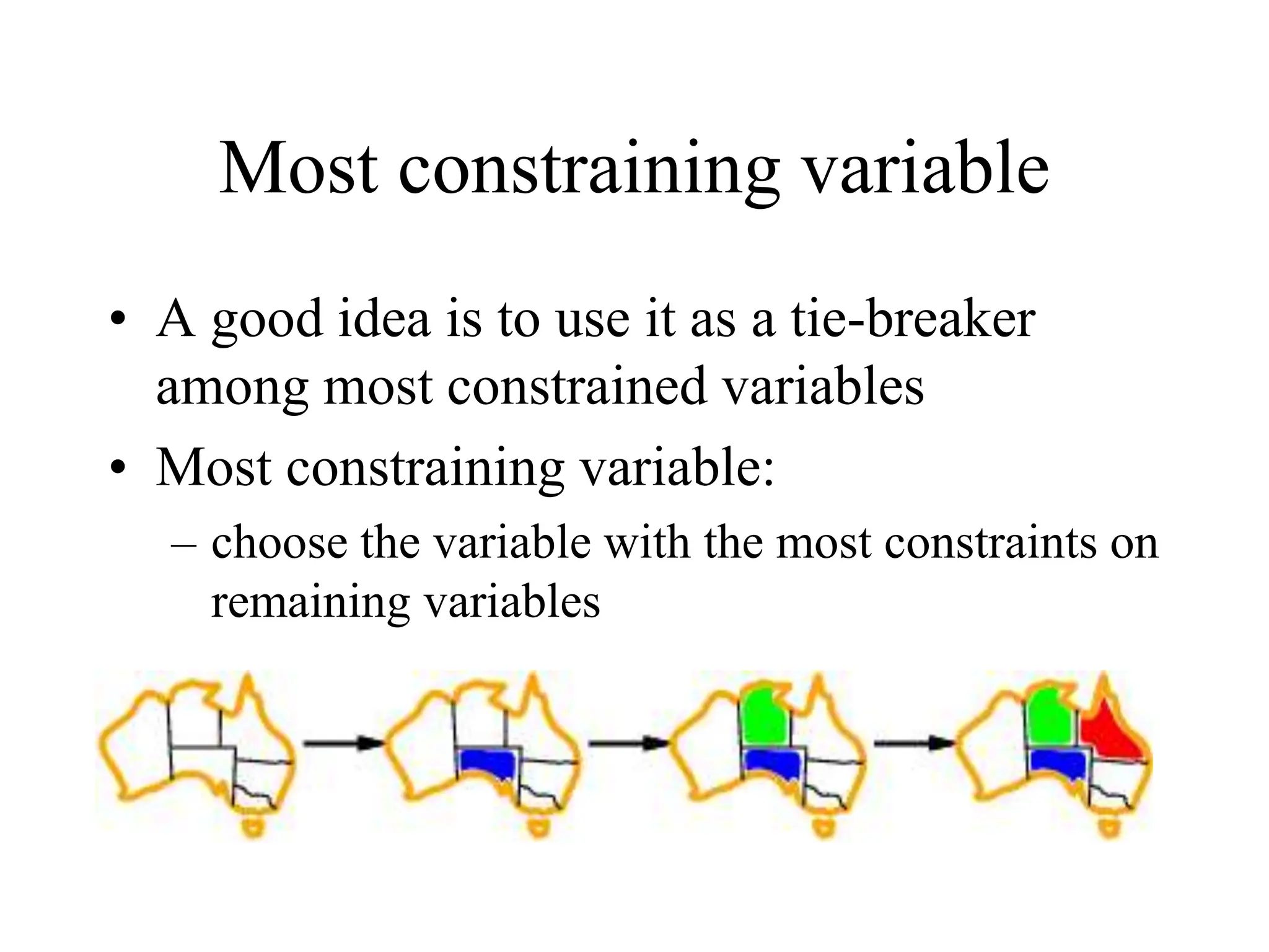 Most constraining variable
• A good idea is to use it as a tie-breaker
among most constrained variables
• Most constraining variable:
– choose the variable with the most constraints on
remaining variables
–
 