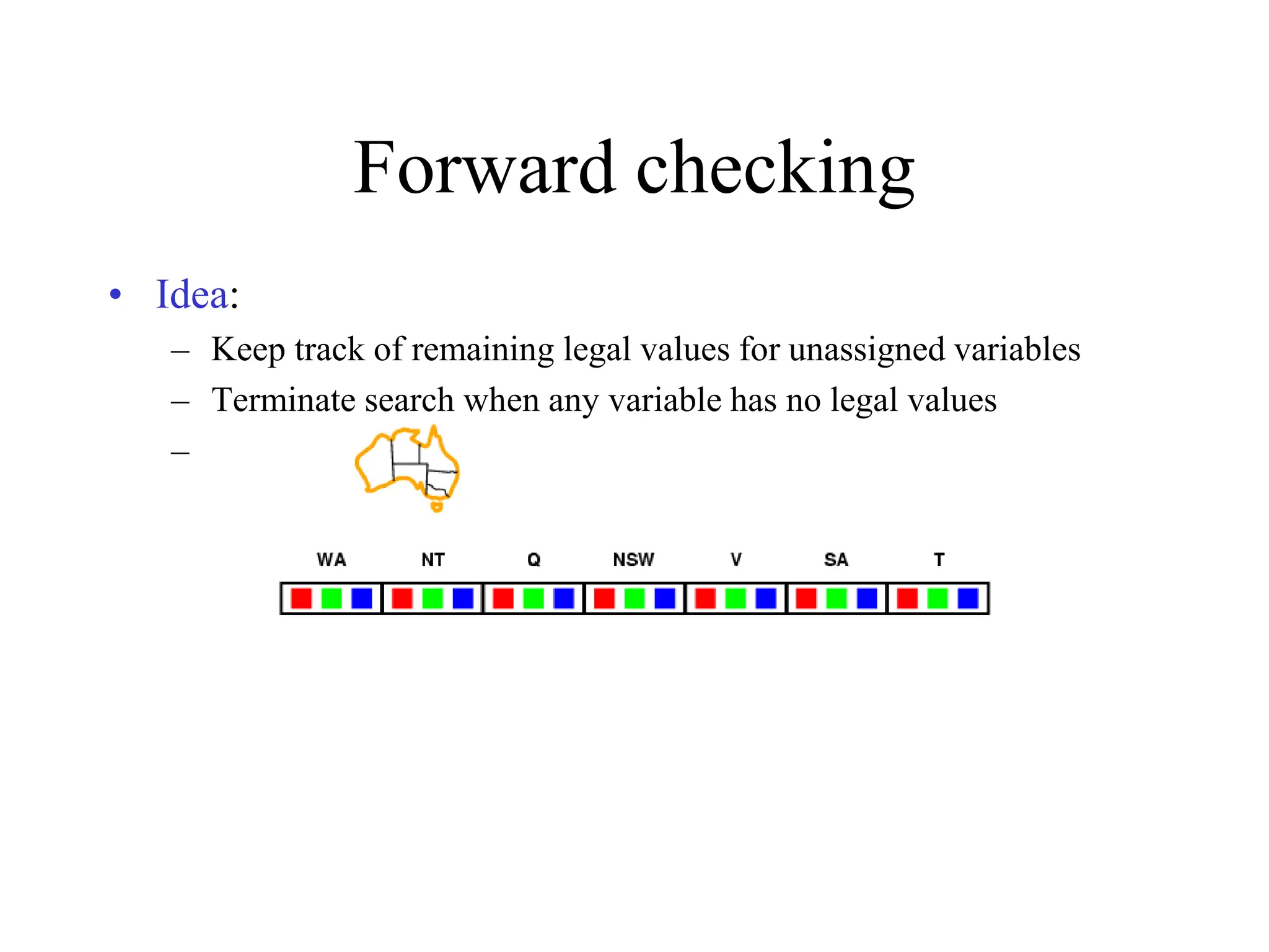 Forward checking
• Idea:
– Keep track of remaining legal values for unassigned variables
– Terminate search when any variable has no legal values
–
 