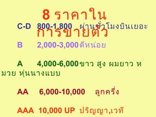 C-D 800-1,800 ผ่านชั่วโมงบินเยอะ
B 2,000-3,000ดีหน่อย
A 4,000-6,000ขาว สูง ผมยาว ห
มวย หุ่นนางแบบ
AA 6,000-10,000 ลูกครึ่ง
AAA 10,000 UP ปริญญา,เวที
8 ราคาใน
การขายตัว
 