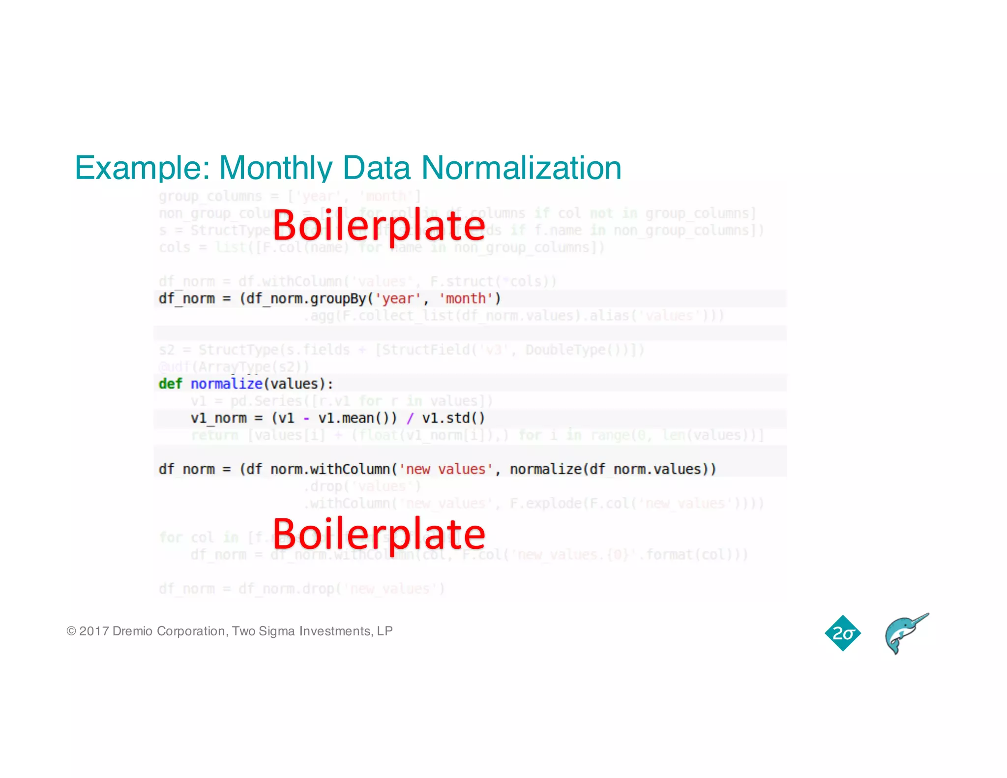 © 2017 Dremio Corporation, Two Sigma Investments, LP
Example: Monthly Data Normalization
Boilerplate
Boilerplate
 