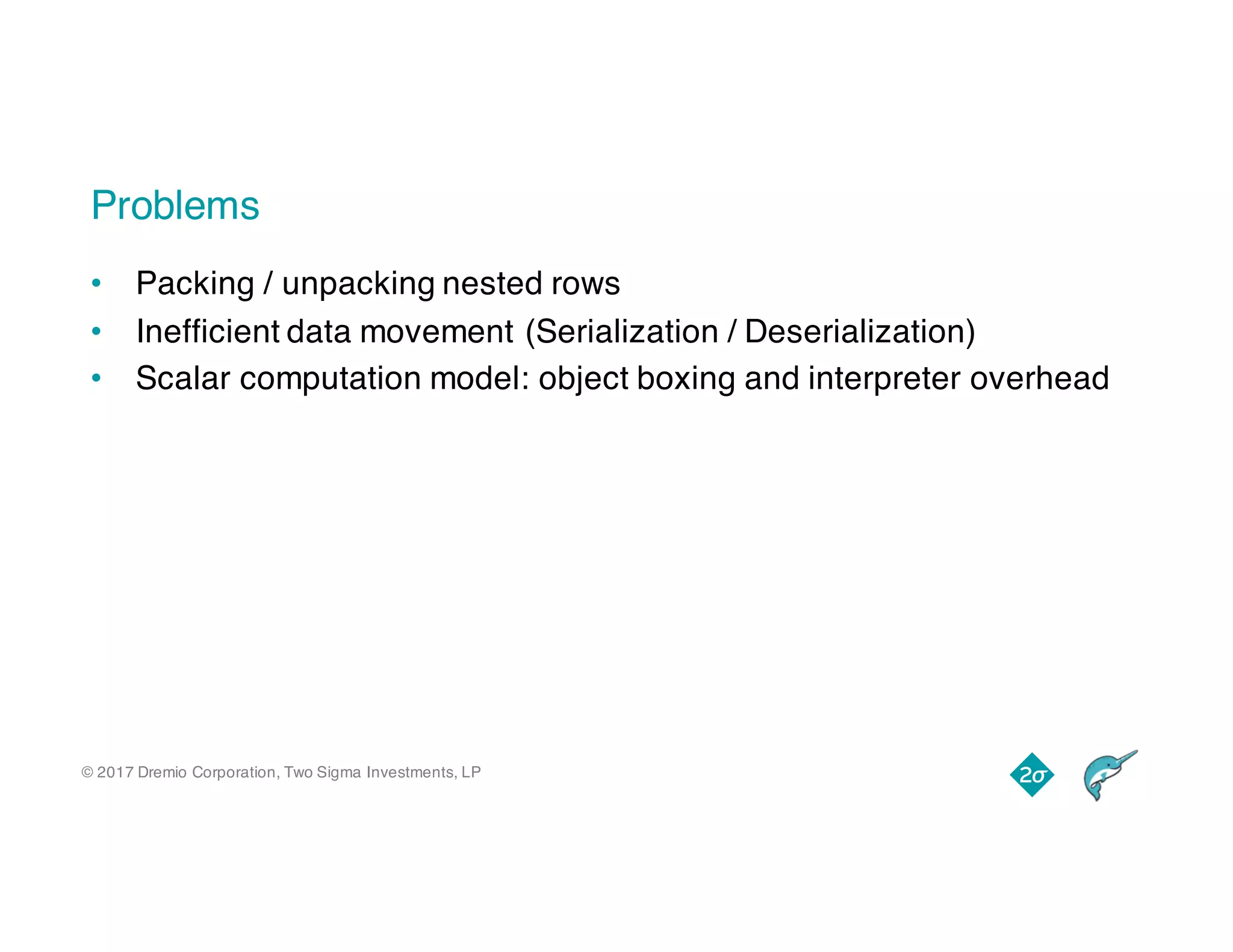 © 2017 Dremio Corporation, Two Sigma Investments, LP
Problems
• Packing / unpacking nested rows
• Inefficient data movement (Serialization / Deserialization)
• Scalar computation model: object boxing and interpreter overhead
 