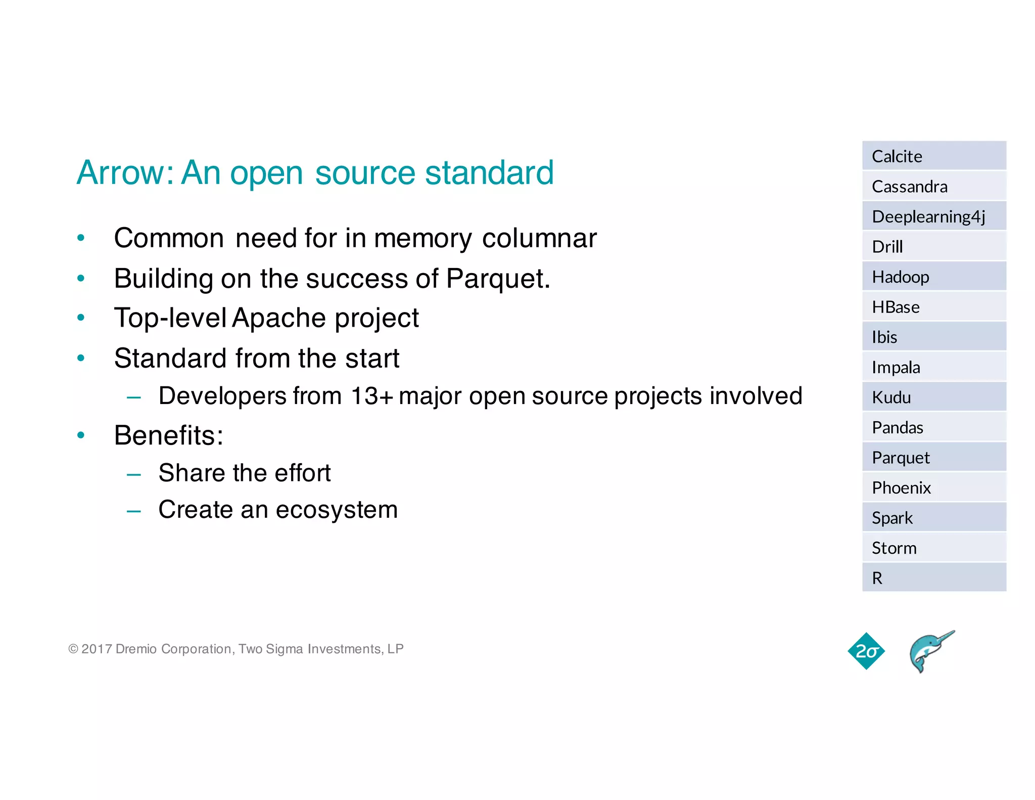 © 2017 Dremio Corporation, Two Sigma Investments, LP
Arrow: An open source standard
• Common need for in memory columnar
• Building on the success of Parquet.
• Top-level Apache project
• Standard from the start
– Developers from 13+ major open source projects involved
• Benefits:
– Share the effort
– Create an ecosystem
Calcite
Cassandra
Deeplearning4j
Drill
Hadoop
HBase
Ibis
Impala
Kudu
Pandas
Parquet
Phoenix
Spark
Storm
R
 