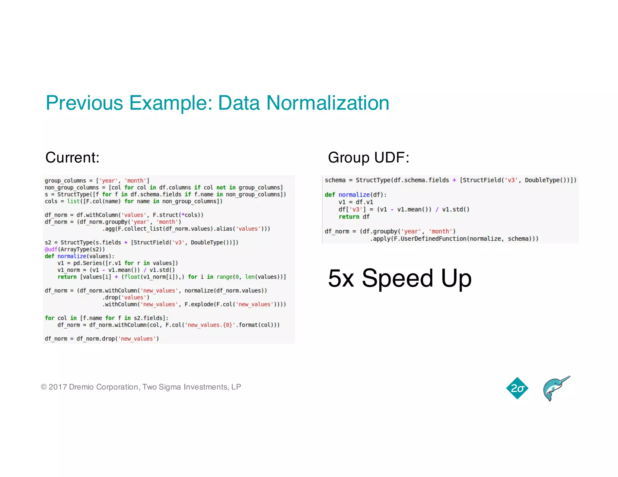 © 2017 Dremio Corporation, Two Sigma Investments, LP
Previous Example: Data Normalization
5x Speed Up
Current: Group UDF:
 