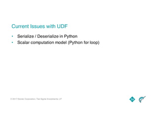 © 2017 Dremio Corporation, Two Sigma Investments, LP
Current Issues with UDF
• Serialize / Deserialize in Python
• Scalar computation model (Python for loop)
 