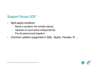 © 2017 Dremio Corporation, Two Sigma Investments, LP
Support Group UDF
• Split-apply-combine:
- Break a problem into smaller pieces
- Operate on each piece independently
- Put all pieces back together
• Common pattern supported in SQL, Spark, Pandas, R …
 