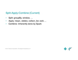 © 2017 Dremio Corporation, Two Sigma Investments, LP
Split-Apply-Combine (Current)
• Split: groupBy, window, …
• Apply: mean, stddev, collect_list, rank …
• Combine: Inherently done by Spark
 