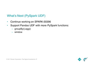© 2017 Dremio Corporation, Two Sigma Investments, LP
What’s Next (PySpark UDF)
• Continue working on SPARK-20396
• Support Pandas UDF with more PySpark functions:
– groupBy().agg()
– window
 