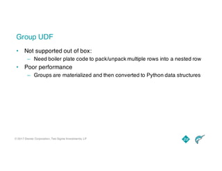 © 2017 Dremio Corporation, Two Sigma Investments, LP
Group UDF
• Not supported out of box:
– Need boiler plate code to pack/unpack multiple rows into a nested row
• Poor performance
– Groups are materialized and then converted to Python data structures
 