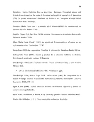 14

Carretero,   Mario, Castorina, José A. &Levinas,       Leonardo. Conceptual change and
historical narratives about the nation.A theoretical and empirical approach.In S. Vosniadou
(Ed.) (In press) International Handbook of Research on Conceptual Change.Second
Edition.New York: Routledge.

Carretero, Mario, Pozo, Juan I., y Asensio, Mikel (Comps.) (1989). La enseñanza de las
Ciencias Sociales. España: Visor.

Castillo, Clara y Ortiz Paz, Rosa (2011). Historia. Libro-cuaderno de trabajo. Sexto grado.
Primaria. México: Trillas.

Chan, María Elena (Coord.) (2009). La gestión de la innovación en el marco de las
reformas educativas. Guadalajara: ITESO.

Costa, Joan. (1998). La esquemática. Visualizar la información. Barcelona. Paidós Ibérica.

Dalongeville, Alain (2003). Noción y práctica de la situación problema en Historia.
Enseñanza de las ciencias sociales, 2. Barcelona.

Díaz Barriga, Frida(2006). Enseñanza situada: Vínculo entre la escuela y la vida. México:
McGraw-Hill.

        (2012). Enseñanza de la Historia y TIC. Presentación (ppt).

Díaz-Barriga, Frida y García Praga Toral, Jesús-Antonio (2008). La comprensión de la
noción de tiempo histórico en estudiantes mexicanos de primaria y bachillerato. Cultura y
Educación, 20 (2), 143-160.

Egan, Kieran (2000). Mentes educadas. Cultura, instrumentos cognitivos y formas de
comprensión. España:Paidós.

Feliu, María y Hernández, F. Xavier(2011). Enseñar y aprender Historia. Barcelona: Graó.

Fischer, David Hackett (1971). Historians´s fallacies.London: Routledge.
 