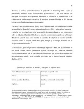 6

Historiay el sentido común.Adoptamos el postulado de Wineburg(2007)                              sobre el
pensamiento histórico como contraintuitivo (“unnaturalact”). En este sentido, los
conceptos de segundo orden permiten diferenciar la relevancia, la interpretación y las
evidencias de lasdivergentes narrativas de cualquier proceso histórico y del discurso
escolar, posibilitando sucrítica y reconstrucción.

Esta sofisticada metodología tiene límites tanto teóricos -¿desde cuál paradigma se concibe
la causalidad o el cambio?- como pedagógicos (Roberts, 2011), sobre cómo enseñarla y
evaluarla. Las investigaciones sobre la progresión de su aprendizaje no son concluyentes
sobre su didáctica (Shemilt, 2011). Esto no demerita los importantes aportes de su literatura
(Pluckrose, Cooper, etc.), sino muestra la necesidad de adaptarla a nuestros contextos
escolares –como lo hicieron Isabel Barca para Portugal y los colegas de Brasil con la
“cognición histórica situada”.5

En nuestro caso, para el logro de los “aprendizajes esperados” (SEP, 2011)-consistentes en
una acción (valorar, ubicar, comprender, explicar, investigar, etc.) sobre un contenido
histórico-los enlazamos con un concepto de segundo orden, que se realizarán mediante una
preguntametaconceptual y un organizador previo-para que el alumno la pueda responder
(Perkins, 1999).




        Aprendizajes esperados de Historia y conceptos de segundo orden.

Verbo del aprendizaje esperado                      Concepto de segundo orden

Valorar…                                            relevancia

Ubicar, describir, identificar…                     Cambio y continuidad, simultaneidad

Explicar…                                           causa


5
 Como afirma Márcia Elisa Teté Ramos (2012a): “os pesquisadores vinculados ao campo da Educação
Histórica utilizam o termo “cognição histórica situada” ao invés de “competência situada”. No entanto, as
duas expressões significam que o aprendizado histórico implica em uma operação cognitiva, em
“habilidades”, que são específicas do raciocínio histórico. Ver: SCHMIDT, M. A. Cognição histórica situada:
que aprendizagem é esta? In: BARCA, I.; SCHMIDT, M. A. Aprender história: perspectiva da Educação
Histórica. Ijuí: Editora Unijuí, 2009.”
 