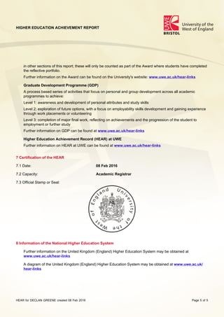 HIGHER EDUCATION ACHIEVEMENT REPORT
HEAR for DECLAN GREENE created 08 Feb 2016 Page 5 of 5
in other sections of this report; these will only be counted as part of the Award where students have completed
the reflective portfolio.
Further information on the Award can be found on the University's website: www.uwe.ac.uk/hear-links
Graduate Development Programme (GDP)
A process based series of activities that focus on personal and group development across all academic
programmes to achieve:
Level 1: awareness and development of personal attributes and study skills
Level 2: exploration of future options, with a focus on employability skills development and gaining experience
through work placements or volunteering
Level 3: completion of major final work, reflecting on achievements and the progression of the student to
employment or further study
Further information on GDP can be found at www.uwe.ac.uk/hear-links
Higher Education Achievement Record (HEAR) at UWE
Further information on HEAR at UWE can be found at www.uwe.ac.uk/hear-links
7 Certification of the HEAR
7.1 Date: 08 Feb 2016
7.2 Capacity: Academic Registrar
7.3 Official Stamp or Seal:
8 Information of the National Higher Education System
Further information on the United Kingdom (England) Higher Education System may be obtained at
www.uwe.ac.uk/hear-links
A diagram of the United Kingdom (England) Higher Education System may be obtained at www.uwe.ac.uk/
hear-links
 