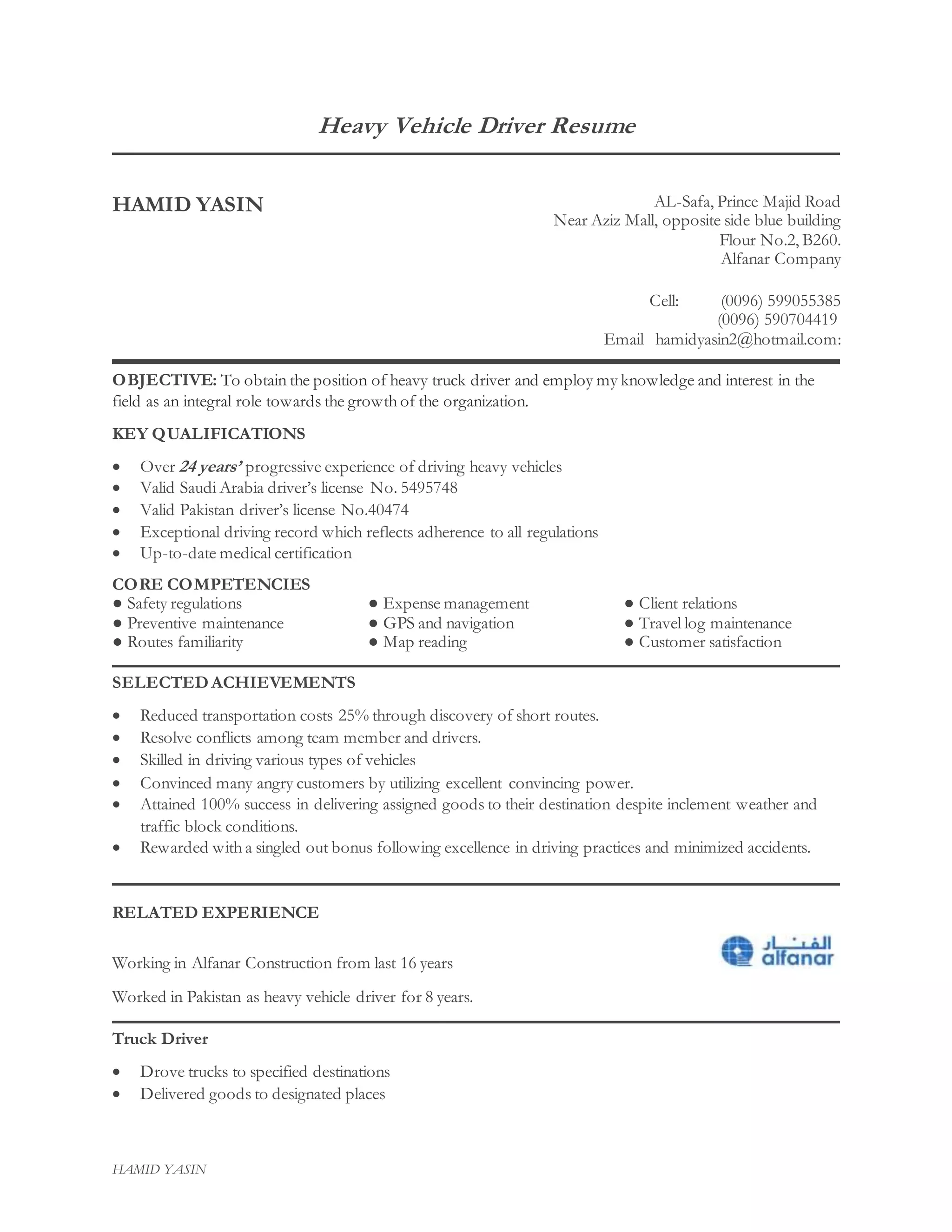 Hamid R&b Driver Heavy Truck Driver | DOCX