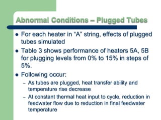  For each heater in “A” string, effects of plugged
tubes simulated
 Table 3 shows performance of heaters 5A, 5B
for plugging levels from 0% to 15% in steps of
5%.
 Following occur:
– As tubes are plugged, heat transfer ability and
temperature rise decrease
– At constant thermal heat input to cycle, reduction in
feedwater flow due to reduction in final feedwater
temperature
 