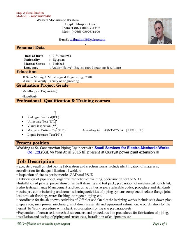 en waleed ibrahim sr construction piping engineer cv cv piping engineer