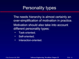 ©Ian Sommerville 2004 Software Engineering, 7th edition. Chapter 25 Slide 16
Personality types
The needs hierarchy is almost certainly an
over-simplification of motivation in practice.
Motivation should also take into account
different personality types:
• Task-oriented;
• Self-oriented;
• Interaction-oriented.
 