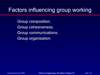 ©Ian Sommerville 2004 Software Engineering, 7th edition. Chapter 25 Slide 20
Factors influencing group working
Group composition.
Group cohesiveness.
Group communications.
Group organisation.
 