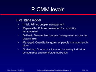 ©Ian Sommerville 2004 Software Engineering, 7th edition. Chapter 25 Slide 41
P-CMM levels
Five stage model
• Initial. Ad-hoc people management
• Repeatable. Policies developed for capability
improvement
• Defined. Standardised people management across the
organisation
• Managed. Quantitative goals for people management in
place
• Optimizing. Continuous focus on improving individual
competence and workforce motivation
 
