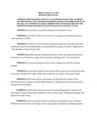 Iron County Resolution Denouncing the Actions of the BLM in Recapture Canyon