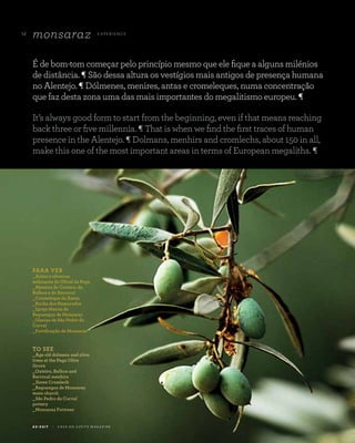 A Z - Z A I T C A S A D O A Z E I T E M A G A Z I N E
12
monsaraz E X P E R I E N CE
É de bom-tom começar pelo princípio mesmo que ele fique a alguns milénios
de distância. ¶ São dessa altura os vestígios mais antigos de presença humana
no Alentejo. ¶ Dólmenes, menires, antas e cromeleques, numa concentração
que faz desta zona uma das mais importantes do megalitismo europeu. ¶
It’s always good form to start from the beginning, even if that means reaching
back three or five millennia. ¶ That is when we find the first traces of human
presence in the Alentejo. ¶ Dolmans, menhirs and cromlechs, about 150 in all,
make this one of the most important areas in terms of European megaliths. ¶
PARA VER
_Antas e oliveiras
milenares do Olival da Pega
_Menires do Outeiro, da
Bulhoa e do Barrocal
_Cromeleque do Xerez
_Rocha dos Namorados
_Igreja Matriz de
Reguengos de Monsaraz
_Olarias de São Pedro do
Corval
_Fortificação de Monsaraz
TO SEE
_Age old dolmens and olive
trees at the Pega Olive
Grove
_Outeiro, Bulhoa and
Barrocal menhirs
_Xerez Cromlech
_Reguengos de Monsaraz
main church
_São Pedro do Corval
pottery
_Monsaraz Fortress
 