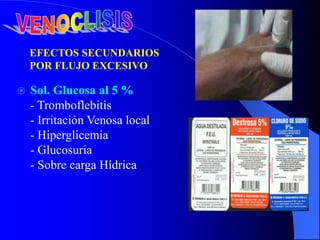 Sol. Glucosa al 5 %
- Tromboflebitis
- Irritación Venosa local
- Hiperglicemia
- Glucosuria
- Sobre carga Hídrica
EFECTOS SECUNDARIOS
POR FLUJO EXCESIVO
 