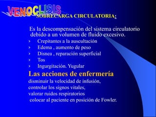 SOBRECARGA CIRCULATORIA:
Es la descompensación del sistema circulatorio
debido a un volumen de fluido excesivo.
› Crepitantes a la auscultación
› Edema , aumento de peso
› Disnea , reparación superficial
› Tos
› Ingurgitación. Yugular
Las acciones de enfermería
disminuir la velocidad de infusión,
controlar los signos vitales,
valorar ruidos respiratorios
colocar al paciente en posición de Fowler.
 