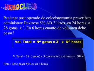 Paciente post operado de colecistectomía prescriben
administrar Dextrosa 5% AD 2 litros en 24 horas a
28 gotas x `. En 6 horas cuanto de volumen debe
pasar?
V. Total = 28 ( gotas) x 3 (constante ) x 6 horas = 504 cc
Rpta : debe pasar 504 cc en 6 horas
Vol. Total = Nº gotas x 3 x Nº horas
 