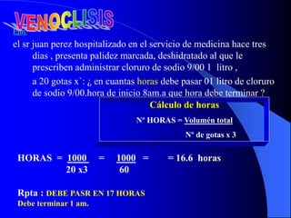 Ejm.
el sr juan perez hospitalizado en el servicio de medicina hace tres
dias , presenta palidez marcada, deshidratado al que le
prescriben administrar cloruro de sodio 9/00 1 litro ,
a 20 gotas x`: ¿ en cuantas horas debe pasar 01 litro de cloruro
de sodio 9/00.hora de inicio 8am.a que hora debe terminar ?
Cálculo de horas
Nº HORAS = Volumén total
Nº de gotas x 3
HORAS = 1000 = 1000 = = 16.6 horas
20 x3 60
Rpta : DEBE PASR EN 17 HORAS
Debe terminar 1 am.
 