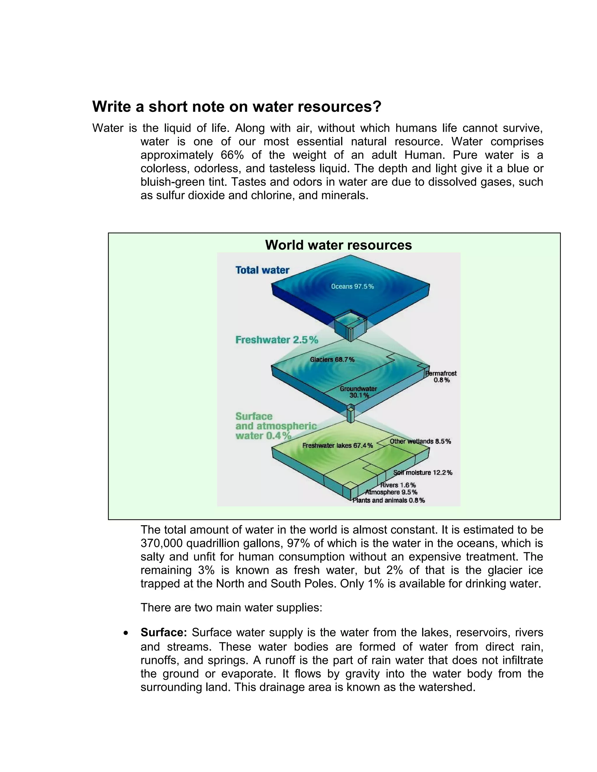 Write a short note on water resources?
Water is the liquid of life. Along with air, without which humans life cannot survive,
water is one of our most essential natural resource. Water comprises
approximately 66% of the weight of an adult Human. Pure water is a
colorless, odorless, and tasteless liquid. The depth and light give it a blue or
bluish-green tint. Tastes and odors in water are due to dissolved gases, such
as sulfur dioxide and chlorine, and minerals.
The total amount of water in the world is almost constant. It is estimated to be
370,000 quadrillion gallons, 97% of which is the water in the oceans, which is
salty and unfit for human consumption without an expensive treatment. The
remaining 3% is known as fresh water, but 2% of that is the glacier ice
trapped at the North and South Poles. Only 1% is available for drinking water.
There are two main water supplies:
• Surface: Surface water supply is the water from the lakes, reservoirs, rivers
and streams. These water bodies are formed of water from direct rain,
runoffs, and springs. A runoff is the part of rain water that does not infiltrate
the ground or evaporate. It flows by gravity into the water body from the
surrounding land. This drainage area is known as the watershed.
World water resources
 