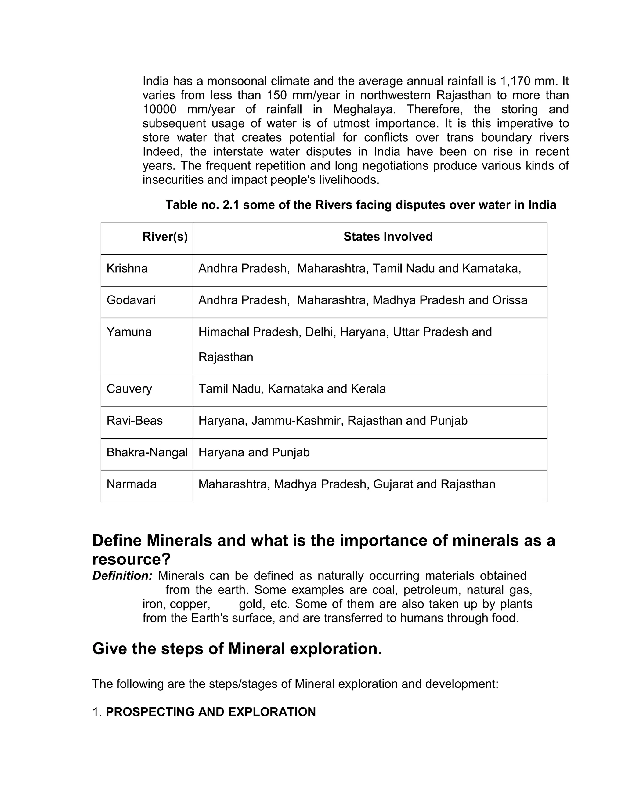 India has a monsoonal climate and the average annual rainfall is 1,170 mm. It
varies from less than 150 mm/year in northwestern Rajasthan to more than
10000 mm/year of rainfall in Meghalaya. Therefore, the storing and
subsequent usage of water is of utmost importance. It is this imperative to
store water that creates potential for conflicts over trans boundary rivers
Indeed, the interstate water disputes in India have been on rise in recent
years. The frequent repetition and long negotiations produce various kinds of
insecurities and impact people's livelihoods.
Table no. 2.1 some of the Rivers facing disputes over water in India
River(s) States Involved
Krishna Andhra Pradesh, Maharashtra, Tamil Nadu and Karnataka,
Godavari Andhra Pradesh, Maharashtra, Madhya Pradesh and Orissa
Yamuna Himachal Pradesh, Delhi, Haryana, Uttar Pradesh and
Rajasthan
Cauvery Tamil Nadu, Karnataka and Kerala
Ravi-Beas Haryana, Jammu-Kashmir, Rajasthan and Punjab
Bhakra-Nangal Haryana and Punjab
Narmada Maharashtra, Madhya Pradesh, Gujarat and Rajasthan
Define Minerals and what is the importance of minerals as a
resource?
Definition: Minerals can be defined as naturally occurring materials obtained
from the earth. Some examples are coal, petroleum, natural gas,
iron, copper, gold, etc. Some of them are also taken up by plants
from the Earth's surface, and are transferred to humans through food.
Give the steps of Mineral exploration.
The following are the steps/stages of Mineral exploration and development:
1. PROSPECTING AND EXPLORATION
 