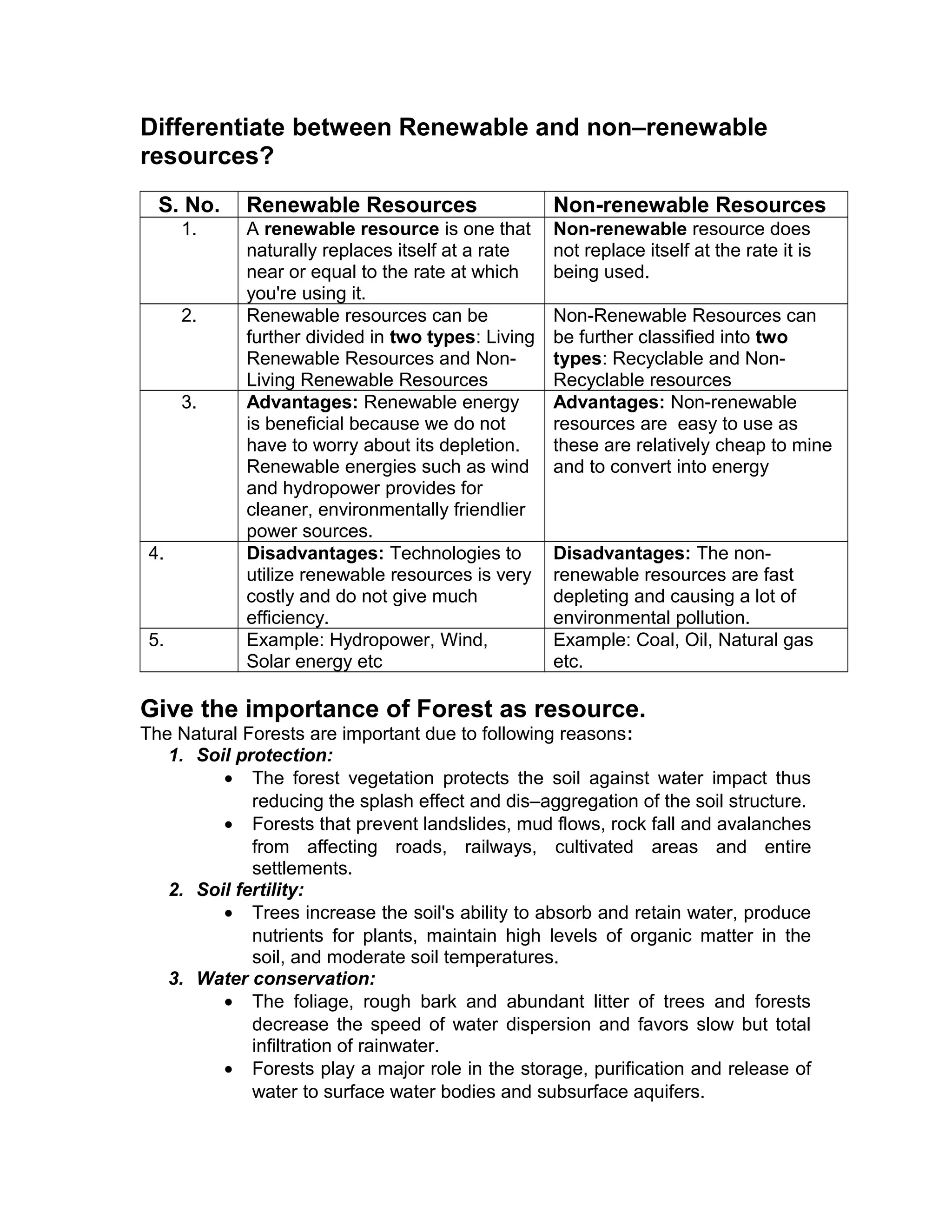 Differentiate between Renewable and non–renewable
resources?
S. No. Renewable Resources Non-renewable Resources
1. A renewable resource is one that
naturally replaces itself at a rate
near or equal to the rate at which
you're using it.
Non-renewable resource does
not replace itself at the rate it is
being used.
2. Renewable resources can be
further divided in two types: Living
Renewable Resources and Non-
Living Renewable Resources
Non-Renewable Resources can
be further classified into two
types: Recyclable and Non-
Recyclable resources
3. Advantages: Renewable energy
is beneficial because we do not
have to worry about its depletion.
Renewable energies such as wind
and hydropower provides for
cleaner, environmentally friendlier
power sources.
Advantages: Non-renewable
resources are easy to use as
these are relatively cheap to mine
and to convert into energy
4. Disadvantages: Technologies to
utilize renewable resources is very
costly and do not give much
efficiency.
Disadvantages: The non-
renewable resources are fast
depleting and causing a lot of
environmental pollution.
5. Example: Hydropower, Wind,
Solar energy etc
Example: Coal, Oil, Natural gas
etc.
Give the importance of Forest as resource.
The Natural Forests are important due to following reasons:
1. Soil protection:
• The forest vegetation protects the soil against water impact thus
reducing the splash effect and dis–aggregation of the soil structure.
• Forests that prevent landslides, mud flows, rock fall and avalanches
from affecting roads, railways, cultivated areas and entire
settlements.
2. Soil fertility:
• Trees increase the soil's ability to absorb and retain water, produce
nutrients for plants, maintain high levels of organic matter in the
soil, and moderate soil temperatures.
3. Water conservation:
• The foliage, rough bark and abundant litter of trees and forests
decrease the speed of water dispersion and favors slow but total
infiltration of rainwater.
• Forests play a major role in the storage, purification and release of
water to surface water bodies and subsurface aquifers.
 