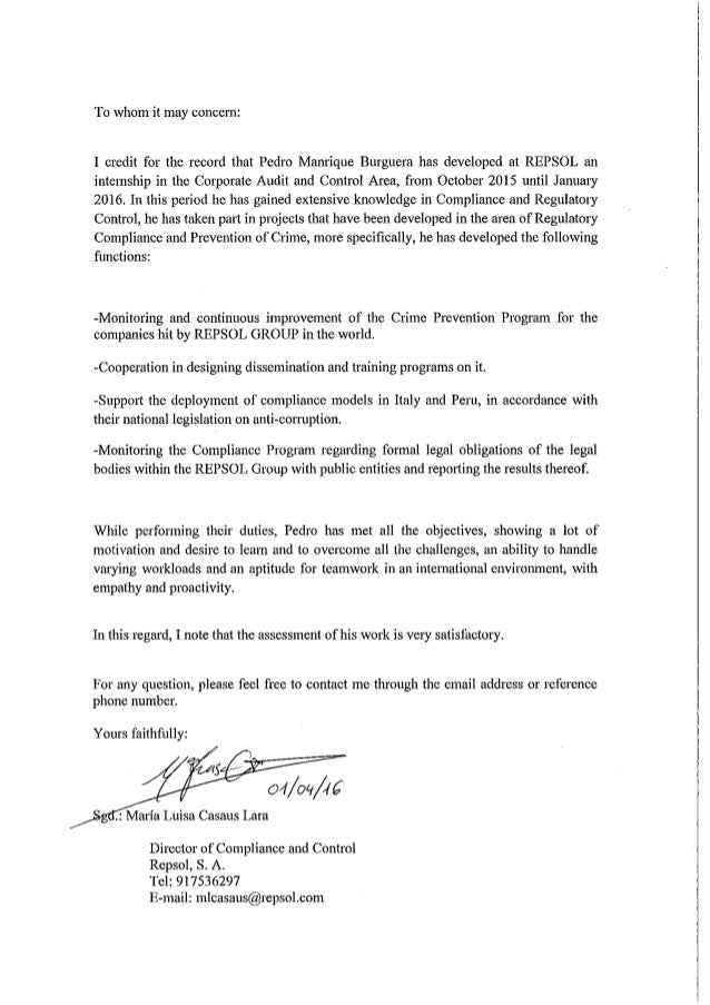 Carta recomendación firmada