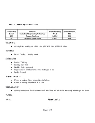 Page 3 of 3
EDUCATIONAL QUALIFICATION
Qualification Institute Board/University Marks Obtained
B.Tech Institute of Engineering Technology R.T.U 78%
12th Popular Academy R.B.S.E 60%
10th
Ebeanazer Public School R.B.S.E 55%
TRAINING
 Accomplished training on HTML and ASP.NET from APTECH, Alwar.
HOBBIES
 Internet Surfing, Listening music.
STRENGTH
 Positive Thinking
 Learning new skills
 Flexible, Self – motivated
 Target achiever and like to take new challenges in life
 Family Oriented
ACHIEVEMENTS
 Winner at various Dance competition in School.
 Winner at writing competition in B.Tech.
DECLARATION
 I hereby declare that the above mentioned particulars are true to the best of my knowledge and belief.
PLACE:
DATE: NEHA GUPTA
 