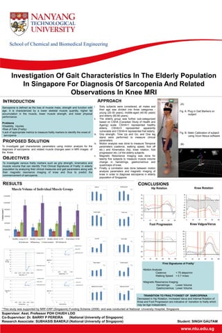 www.ntu.edu.sg
School of Chemical and Biomedical Engineering
Investigation Of Gait Characteristics In The Elderly Population
In Singapore For Diagnosis Of Sarcopenia And Related
Observations In Knee MRI
Supervisor: Asst. Professor POH CHUEH LOO
Co-Supervisor: Dr. BARRY P PEREIRA (National University of Singapore)
Research Associate: SUBHASIS BANERJI (National University of Singapore) Student: SINGH GAUTAM
Sarcopenia is defined as the loss of muscle mass, strength and function with
age. It is characterized by a lower skeletal muscle quantity, higher fat
accumulation in the muscle, lower muscle strength, and lower physical
performance.
Problems
•Disability, Injuries
•Risk of Falls (Frailty)
•Lack of appropriate metrics to measure frailty markers to identify the onset of
sarcopenia
To investigate gait characteristic parameters using motion analysis for the
diagnosis of sarcopenia and related muscle changes seen in MRI images of
the Knee.
To investigate various frailty markers such as grip strength, kinematics and
muscle volume that can identify ‘First Clinical Signatures of Frailty’ in elderly
population by analyzing their clinical measures and gait parameters along with
their magnetic resonance imaging of knee and thus to predict the
commencement of sarcopenia.
INTRODUCTION
PROPOSED SOLUTION
OBJECTIVES
APPROACH
i. Sixty subjects were considered, all males and
their age was divided into three categories -
young (20-30 years), middle-aged (40-50 years)
and elderly (60-80 years)
ii. The elderly group was further sub-categorized
based on CSHA (Canadian Study of Health and
Ageing) scale. CSHA=1 represented healthy
elderly, CSHA=3 represented apparently
vulnerable and CSHA=4 represented frail elderly.
iii. Grip strength, Time Up and Go, and One leg
stand were performed to measure clinical
parameters.
iv. Motion analysis was done to measure Temporal
parameters (cadence, walking speed, foot off
etc.) and Kinematics (hip, knee rotation, foot
progression etc.) of the elderly subjects.
v. Magnetic Resonance Imaging was done for
twenty five subjects to measure muscle volume
change in hamstrings, gastrocnemius and
quadriceps of knee.
vi. Finally, a correlation was done between motion
analysis parameters and magnetic imaging of
knee in order to diagnose sarcopenia in elderly
population of Singapore.
RESULTS
Hip Rotation
- 20
- 10
0
10
20
30
40
50
0 20 40 60 80 100
Knee Rotation
- 35
- 30
- 25
- 20
- 15
- 10
- 5
0
5
10
0 20 40 60 80 100
Knee Valgus/Varus
- 5
0
5
10
15
20
25
30
35
40
45
0 20 40 60 80 100
Foot Progression
-30
-20
-10
0
10
20
0 20 40 60 80 100
CONCLUSIONS
‘First Signatures of Frailty’
•Motion Analysis:
Cadence: < 75 steps/min
Walking Speed: < 0.7 m/sec
•Magnetic Resonance Imaging:
Hamstrings: Lower Volume
Gastrocnemius: Lower Volume
TRANSITION TO FRAILTY/ONSET OF SARCOPENIA
Decreased in Hip Rotation, Increased Varus and Internal Rotation of
Knee and Foot Progression are indicative of transition to frailty which
may be Age Independent.
*This study was supported by NRF-CRP (Singapore) Funding Scheme (2008) and was conducted at National University Hospital, Singapore
Fig. A: Plug in Gait Markers on
subject
Fig. B: Static Calibration of subject
using Vicon Nexus software
(A)
(B)
 