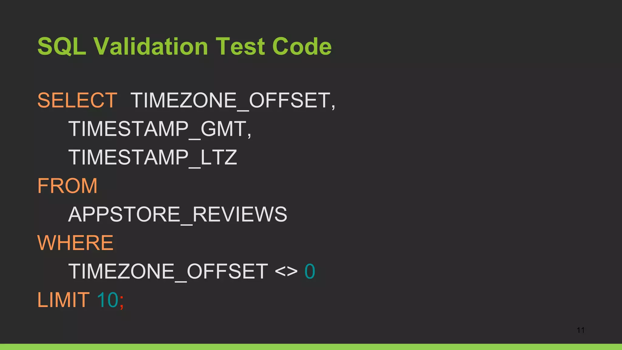 SQL Validation Test Code
SELECT TIMEZONE_OFFSET,
TIMESTAMP_GMT,
TIMESTAMP_LTZ
FROM
APPSTORE_REVIEWS
WHERE
TIMEZONE_OFFSET <> 0
LIMIT 10;
11
 