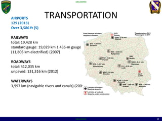 UNCLASSIFIED
UNCLASSIFIED 15
AIRPORTS
129 (2013)
Over 3,586 ft (5)
RAILWAYS
total: 19,428 km
standard gauge: 19,029 km 1.435-m gauge
(11,805 km electrified) (2007)
ROADWAYS
total: 412,035 km
unpaved: 131,316 km (2012)
WATERWAYS
3,997 km (navigable rivers and canals) (2009)
TRANSPORTATION
 