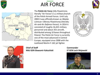 UNCLASSIFIED
UNCLASSIFIED 21
AIR FORCE
MAP OF
MILTARY BASES
Commander
LT GEN Lech Majewski
The Polish Air Force (Siły Powietrzne,
literally "Air Forces") is a military branch
of the Polish Armed Forces. Until July
2004 it was officially known as Wojska
Lotnicze i Obrony Powietrznej (literally:
Air-and-Air Defence Forces). In 2014 it
consisted of roughly 16,425 military
personnel and about 355 aircraft,
distributed among 10 bases throughout
Poland. The Polish Air Force is currently
one of the most advanced in Central
Europe, equipped since 2008 with the
Lockheed Martin F-16C jet fighter.
Chief of Staff
MAJ GEN Sławomir Kałuziński
USAF
 